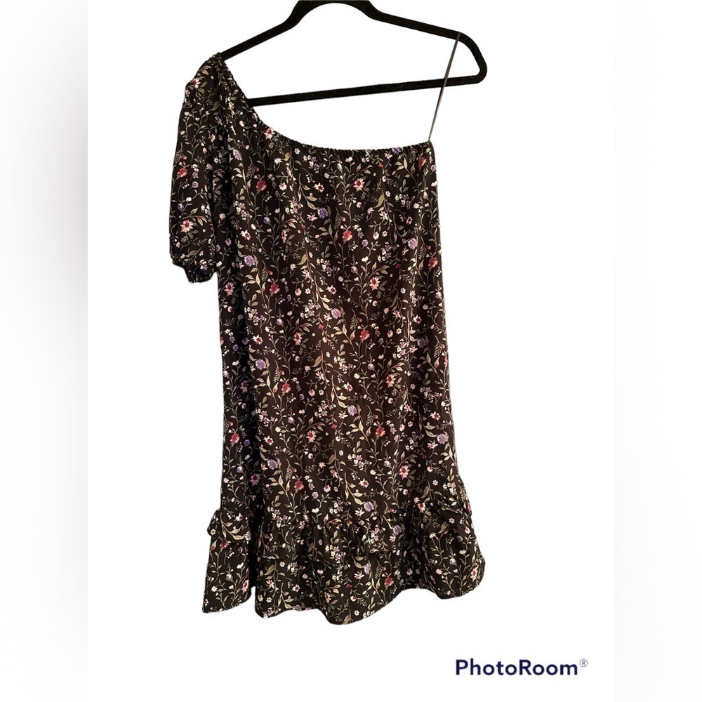 French Grey One-Shoulder Floral Dress in Black with Pink & Purple Accents